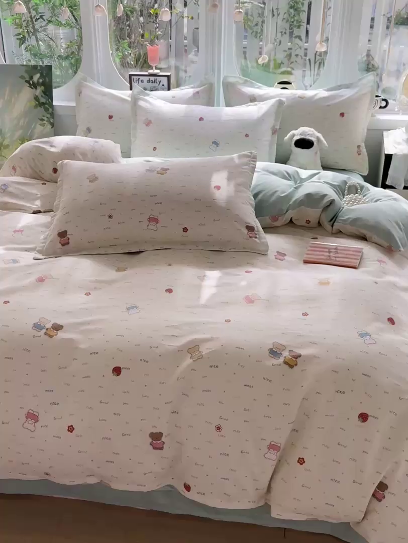 91家纺网 家纺一手货源 找家纺 卡普纯棉全棉四件套13070喷气床单款床笠款三件套 奈斯小熊