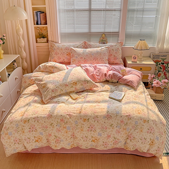 91家纺网 家纺一手货源 找家纺 卡普纯棉全棉四件套13070喷气床单款床笠款三件套 浅樱故事