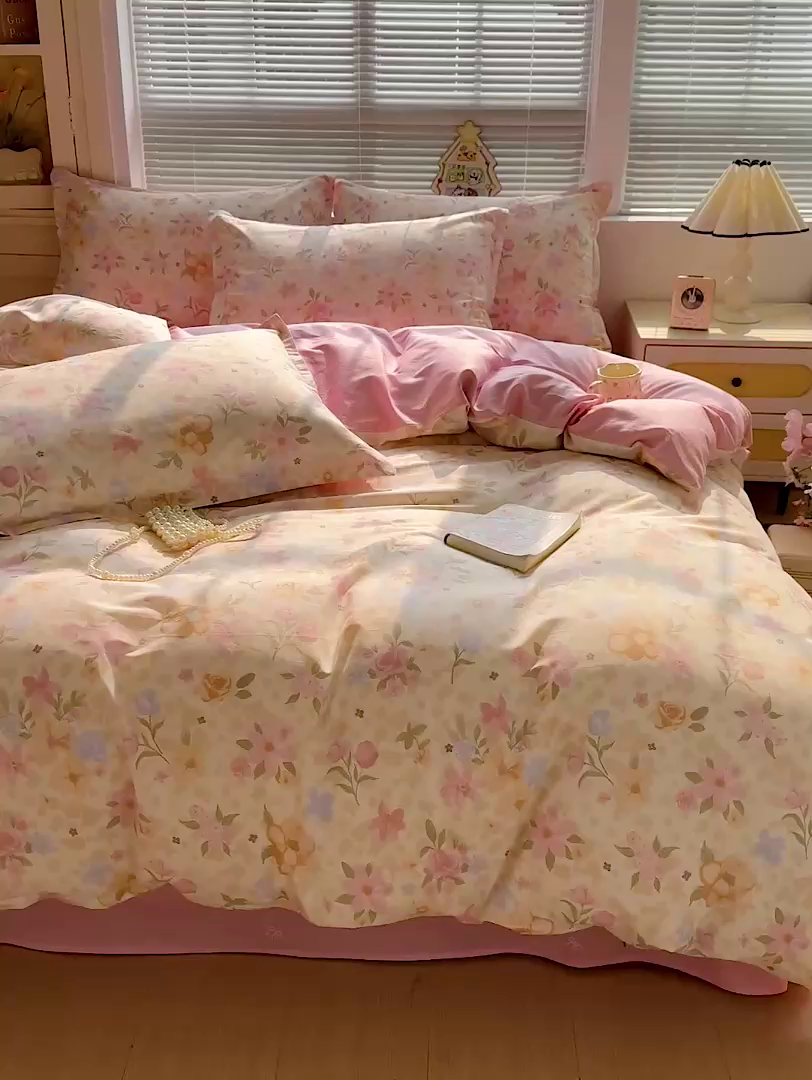 91家纺网 家纺一手货源 找家纺 卡普纯棉全棉四件套13070喷气床单款床笠款三件套 浅樱故事
