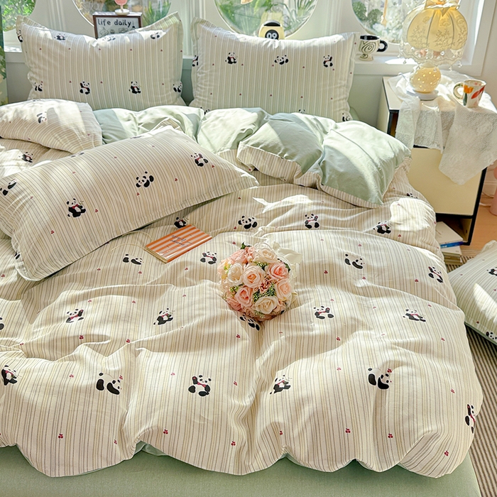 91家纺网 家纺一手货源 找家纺 卡普纯棉全棉四件套13070喷气床单款床笠款三件套 熊猫波波