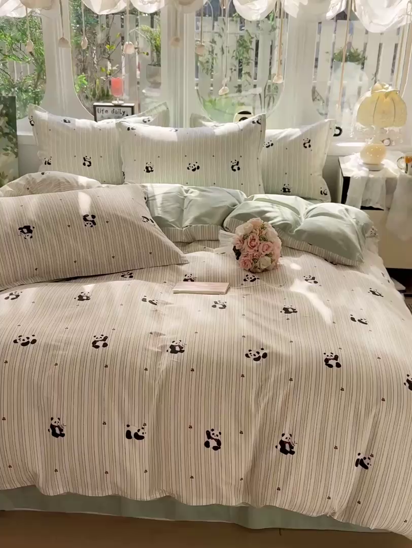 91家纺网 家纺一手货源 找家纺 卡普纯棉全棉四件套13070喷气床单款床笠款三件套 熊猫波波