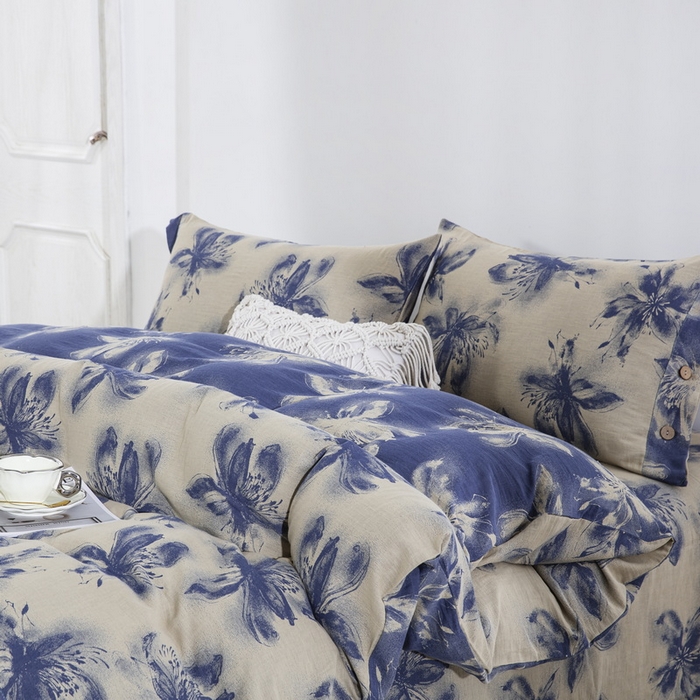 91家纺网 家纺一手货源 找家纺 （总）仰望棉麻双层纱供应链 2026新款全棉纯棉色织双层纱纽扣款四件套-花蝴蝶