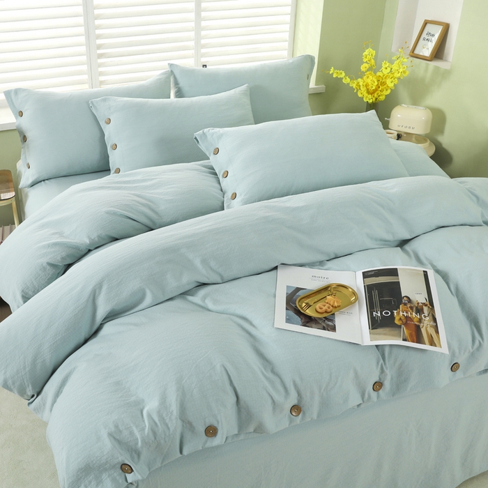 91家纺网 家纺一手货源 找家纺 博婷 2026新款水洗棉麻皱皱纱纽扣工艺款四件套 湖蓝