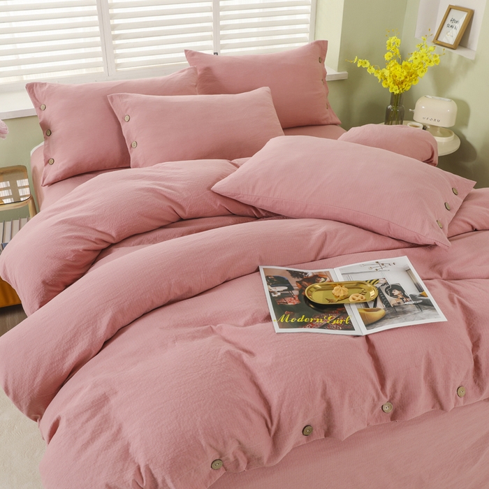 91家纺网 家纺一手货源 找家纺 博婷 2026新款水洗棉麻皱皱纱纽扣工艺款四件套 豆沙