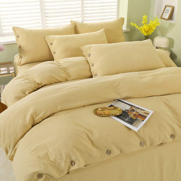 91家纺网 家纺一手货源 找家纺 博婷 2026新款水洗棉麻皱皱纱纽扣工艺款四件套 姜黄