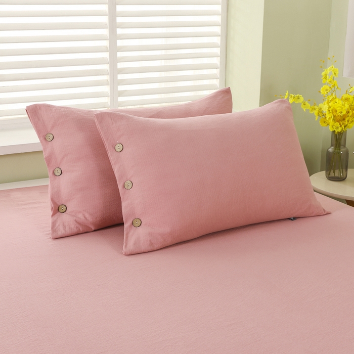 91家纺网 家纺一手货源 找家纺 博婷 2026新款水洗棉麻皱皱纱纽扣工艺款四件套 豆沙