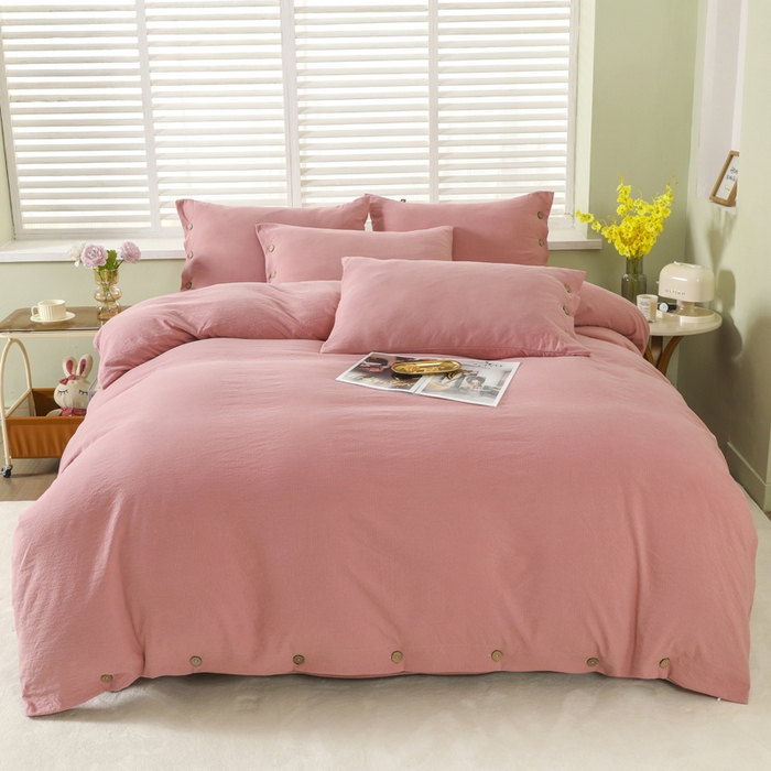 91家纺网 家纺一手货源 找家纺 博婷 2026新款水洗棉麻皱皱纱纽扣工艺款四件套 豆沙