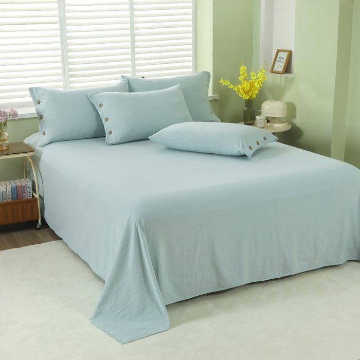 91家纺网 家纺一手货源 找家纺 博婷 2026新款水洗棉麻皱皱纱纽扣工艺款四件套 湖蓝