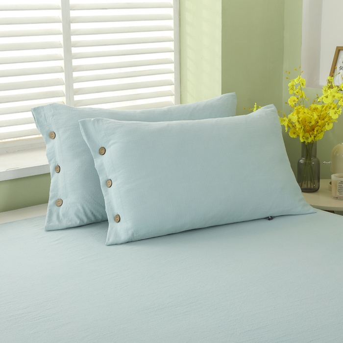 91家纺网 家纺一手货源 找家纺 博婷 2026新款水洗棉麻皱皱纱纽扣工艺款四件套 湖蓝