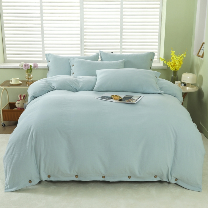 91家纺网 家纺一手货源 找家纺 博婷 2026新款水洗棉麻皱皱纱纽扣工艺款四件套 湖蓝