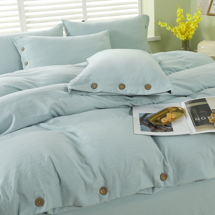 91家纺网 家纺一手货源 找家纺 博婷 2026新款水洗棉麻皱皱纱纽扣工艺款四件套 湖蓝