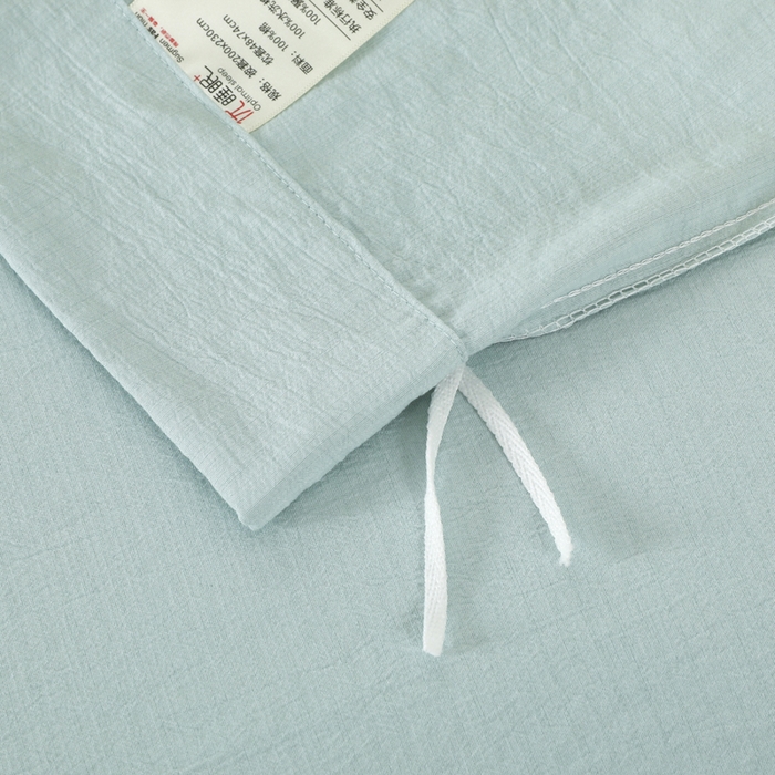 91家纺网 家纺一手货源 找家纺 博婷 2026新款水洗棉麻皱皱纱纽扣工艺款四件套 湖蓝