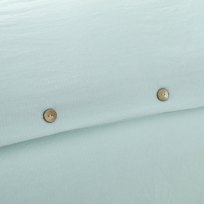 91家纺网 家纺一手货源 找家纺 博婷 2026新款水洗棉麻皱皱纱纽扣工艺款四件套 湖蓝