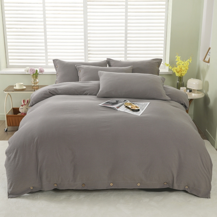 91家纺网 家纺一手货源 找家纺 博婷 2026新款水洗棉麻皱皱纱纽扣工艺款四件套 灰色