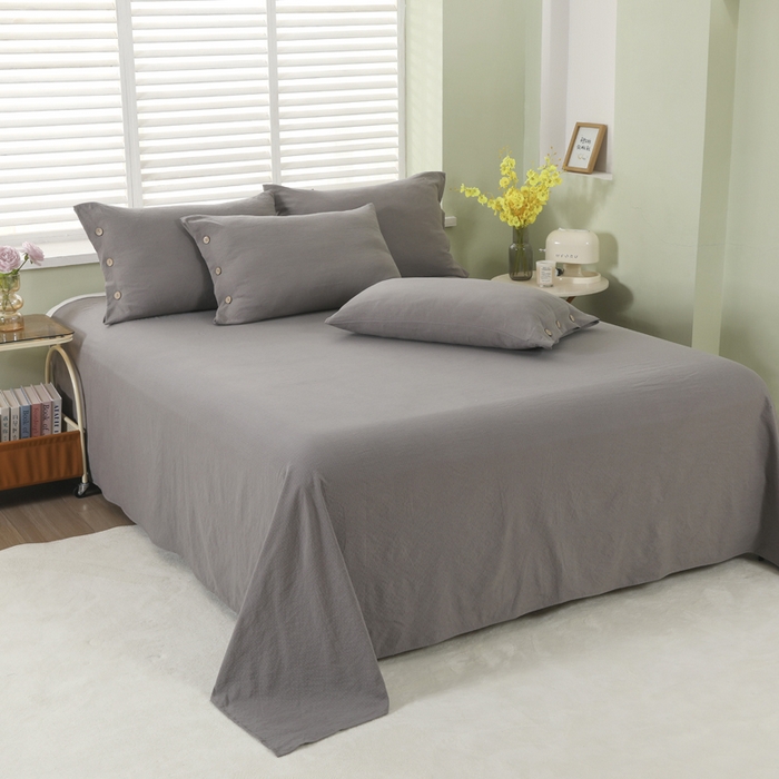 91家纺网 家纺一手货源 找家纺 博婷 2026新款水洗棉麻皱皱纱纽扣工艺款四件套 灰色