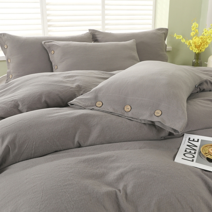 91家纺网 家纺一手货源 找家纺 博婷 2026新款水洗棉麻皱皱纱纽扣工艺款四件套 灰色