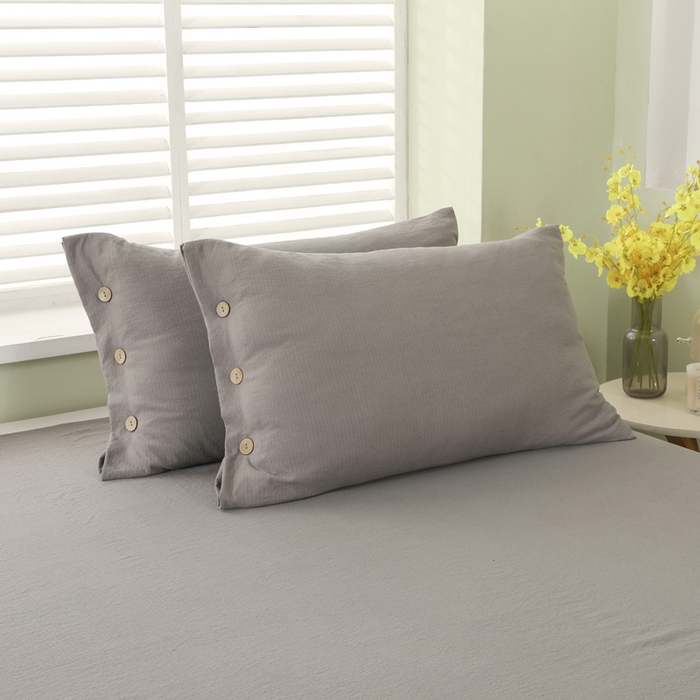 91家纺网 家纺一手货源 找家纺 博婷 2026新款水洗棉麻皱皱纱纽扣工艺款四件套 灰色