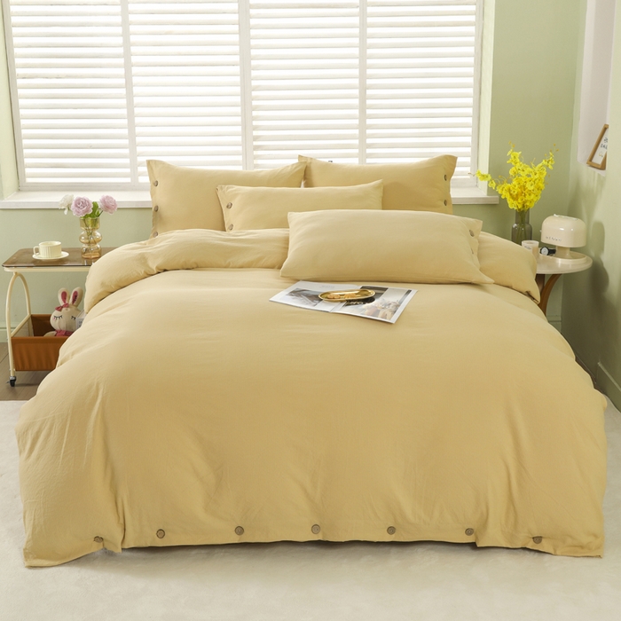 91家纺网 家纺一手货源 找家纺 博婷 2026新款水洗棉麻皱皱纱纽扣工艺款四件套 姜黄