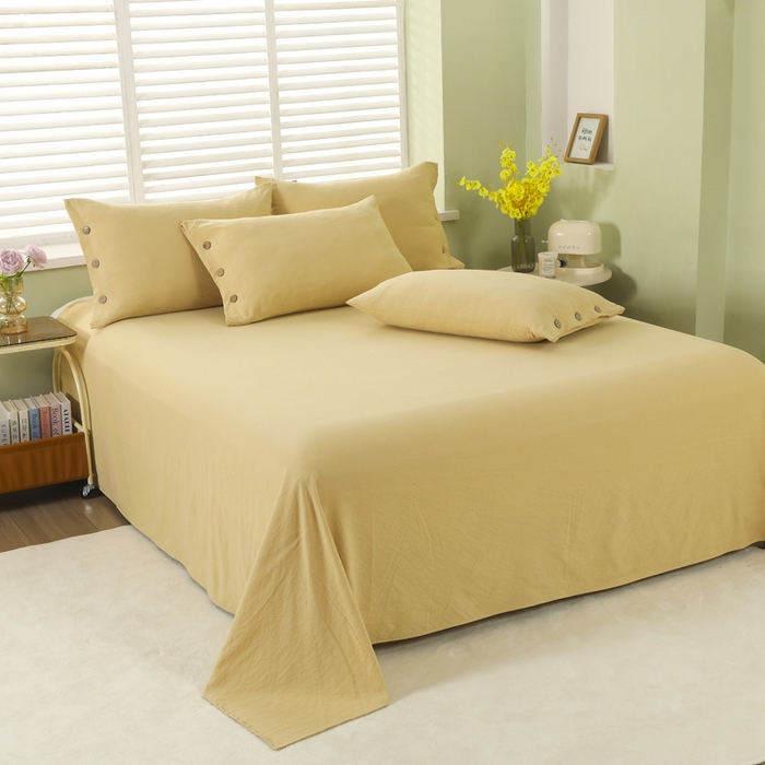 91家纺网 家纺一手货源 找家纺 博婷 2026新款水洗棉麻皱皱纱纽扣工艺款四件套 姜黄