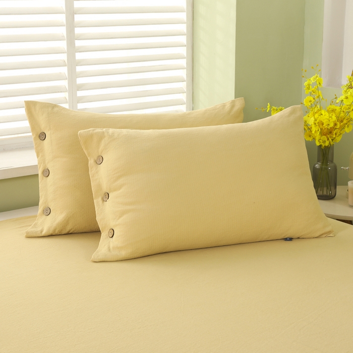 91家纺网 家纺一手货源 找家纺 博婷 2026新款水洗棉麻皱皱纱纽扣工艺款四件套 姜黄