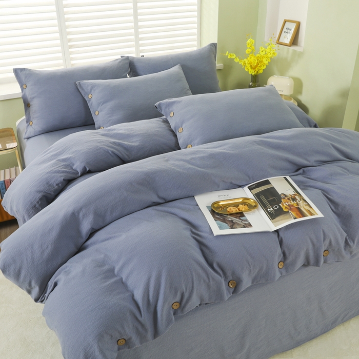 博婷 2026新款水洗棉麻皱皱纱纽扣工艺款四件套 蓝色