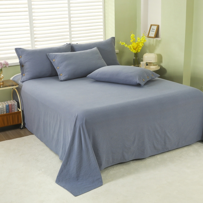 91家纺网 家纺一手货源 找家纺 博婷 2026新款水洗棉麻皱皱纱纽扣工艺款四件套 蓝色