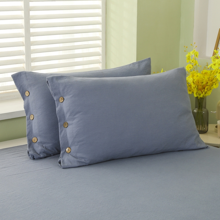 91家纺网 家纺一手货源 找家纺 博婷 2026新款水洗棉麻皱皱纱纽扣工艺款四件套 蓝色