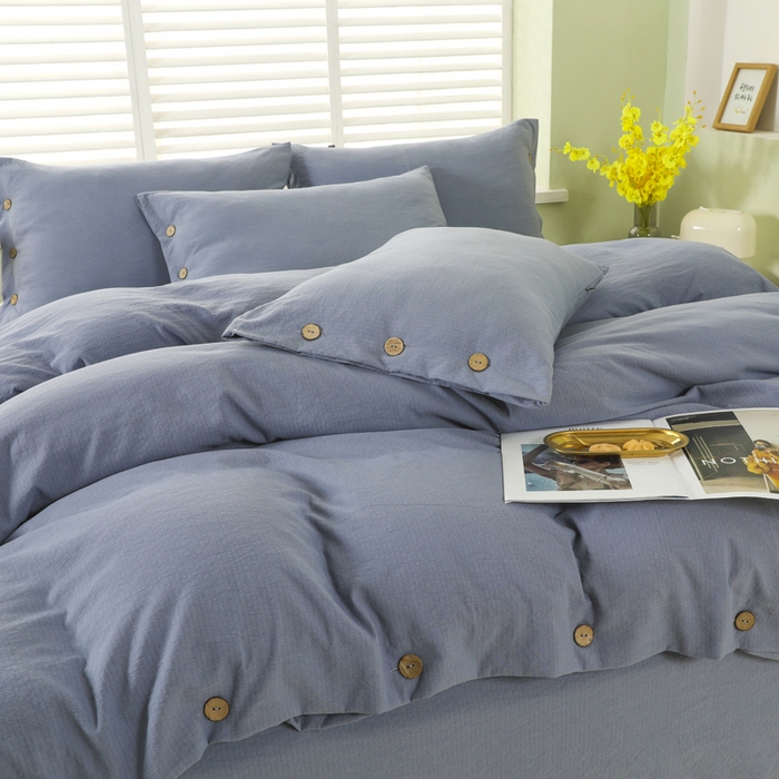 91家纺网 家纺一手货源 找家纺 博婷 2026新款水洗棉麻皱皱纱纽扣工艺款四件套 蓝色