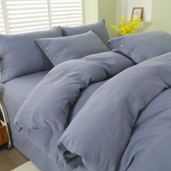 91家纺网 家纺一手货源 找家纺 博婷 2026新款水洗棉麻皱皱纱纽扣工艺款四件套 蓝色