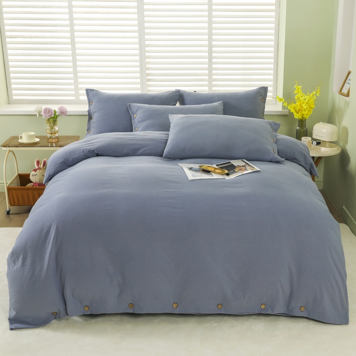 91家纺网 家纺一手货源 找家纺 博婷 2026新款水洗棉麻皱皱纱纽扣工艺款四件套 蓝色