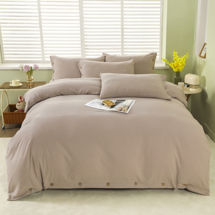 91家纺网 家纺一手货源 找家纺 博婷 2026新款水洗棉麻皱皱纱纽扣工艺款四件套 浅咖