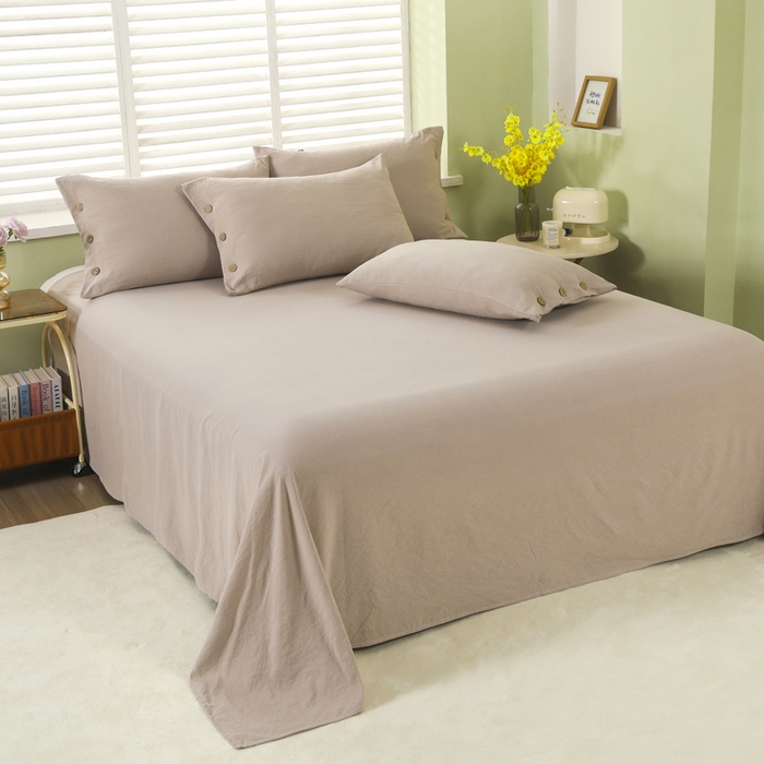 91家纺网 家纺一手货源 找家纺 博婷 2026新款水洗棉麻皱皱纱纽扣工艺款四件套 浅咖