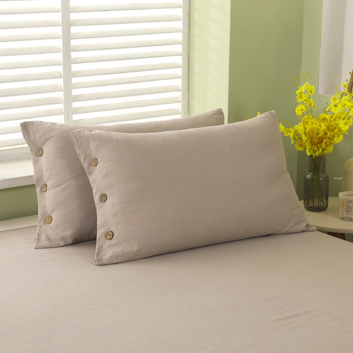 91家纺网 家纺一手货源 找家纺 博婷 2026新款水洗棉麻皱皱纱纽扣工艺款四件套 浅咖