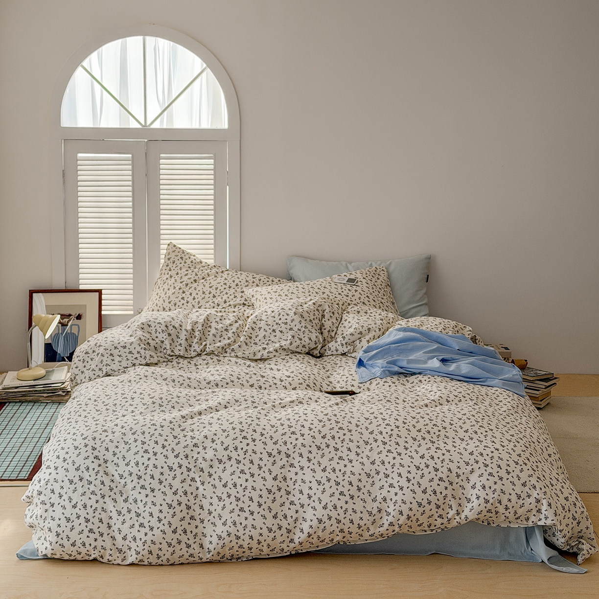 91家纺网 家纺一手货源 找家纺 蜜宿 2026新款全棉双层纱四件套（碎花款） 白日梦蓝