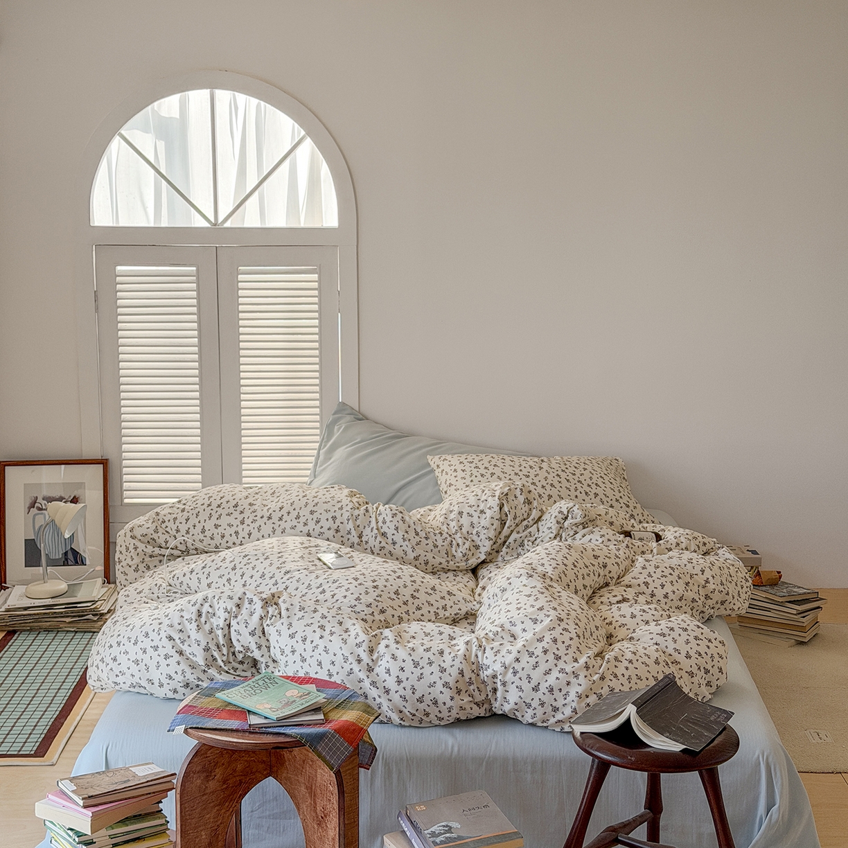 91家纺网 家纺一手货源 找家纺 蜜宿 2026新款全棉双层纱四件套（碎花款） 白日梦蓝