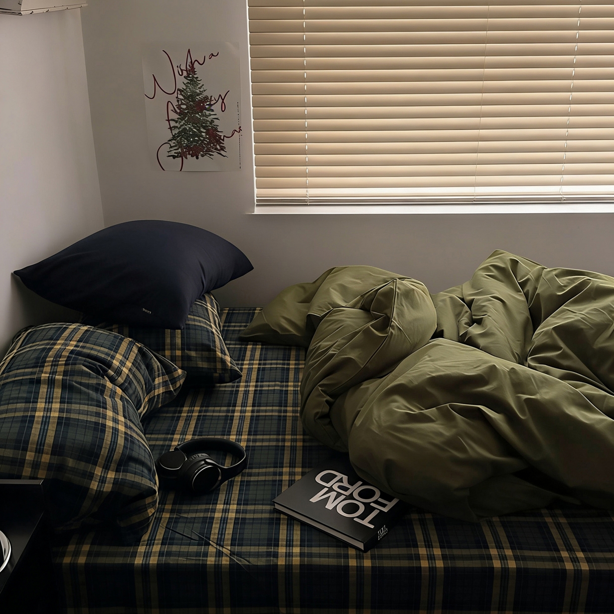 91家纺网 家纺一手货源 找家纺 柚可家居 2026新款色织水洗棉全棉四件套-浮生半日 浮生半日（枕套格子+藏蓝）