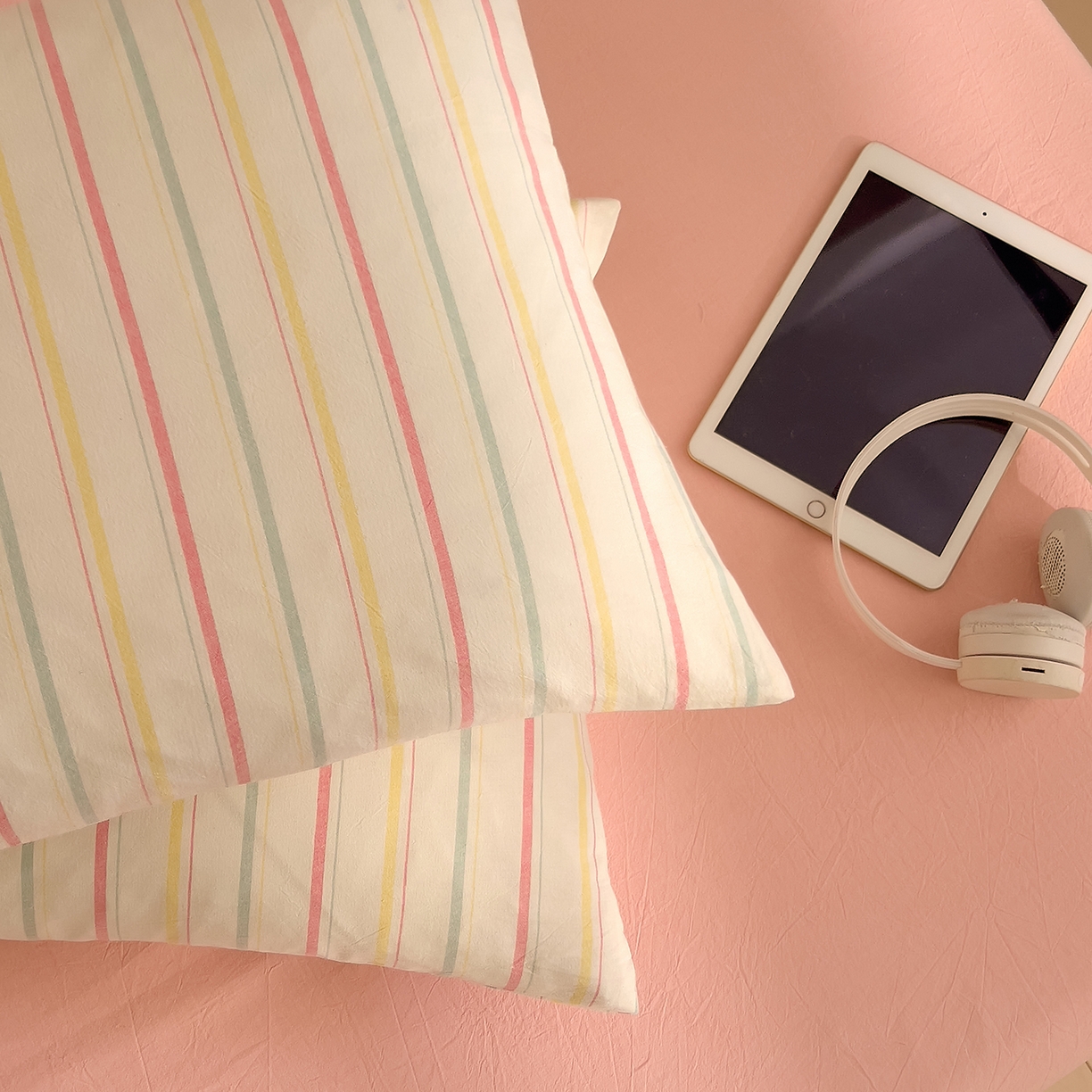 91家纺网 家纺一手货源 找家纺 DoDo 兜兜 2026新款全棉纯棉A类条格水洗棉四件套-可定做尺寸 且乐-粉