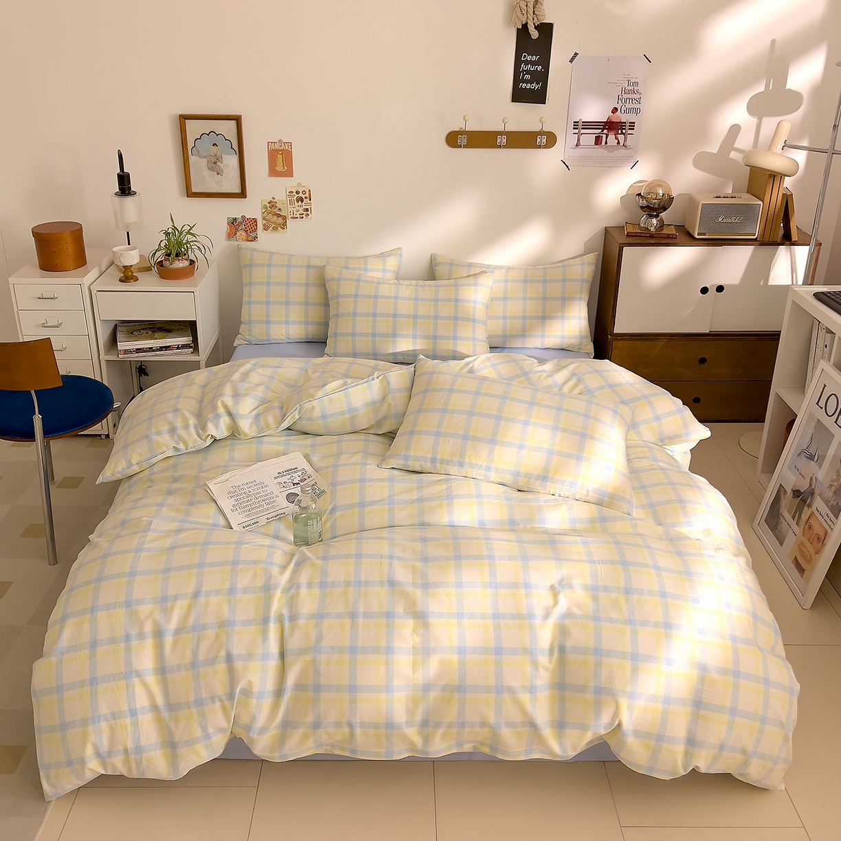 91家纺网 家纺一手货源 找家纺 DoDo 兜兜 2026新款全棉纯棉A类条格水洗棉四件套-可定做尺寸 禾里-黄蓝