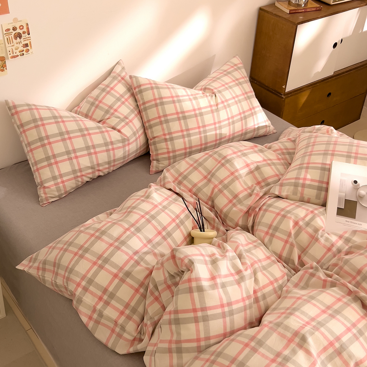 DoDo 兜兜 2026新款全棉纯棉A类条格水洗棉四件套-可定做尺寸 禾里-灰粉