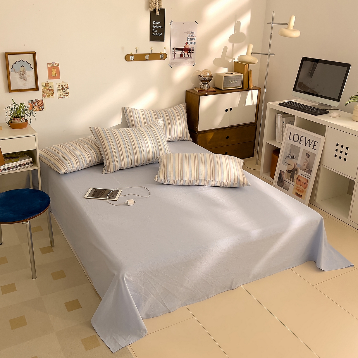 91家纺网 家纺一手货源 找家纺 DoDo 兜兜 2026新款全棉纯棉A类条格水洗棉四件套-可定做尺寸 左岸-蓝