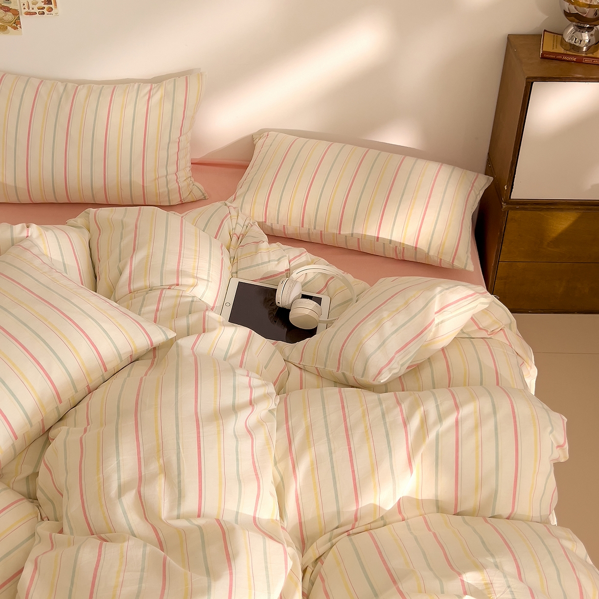 91家纺网 家纺一手货源 找家纺 DoDo 兜兜 2026新款全棉纯棉A类条格水洗棉四件套-可定做尺寸 且乐-粉