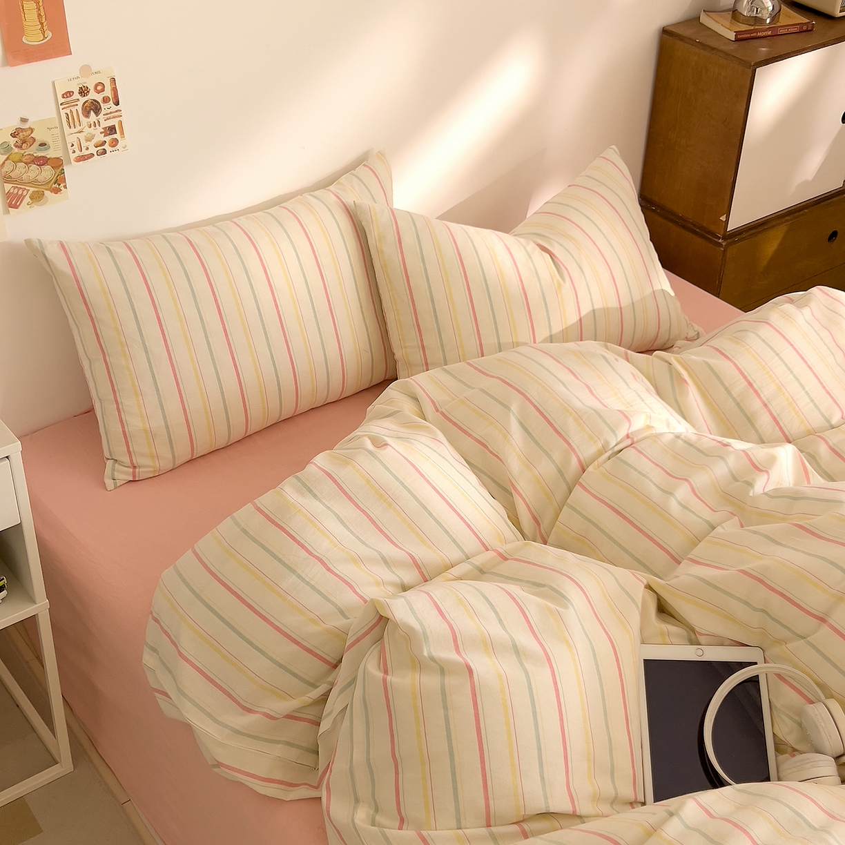 DoDo 兜兜 2026新款全棉纯棉A类条格水洗棉四件套-可定做尺寸 且乐-粉