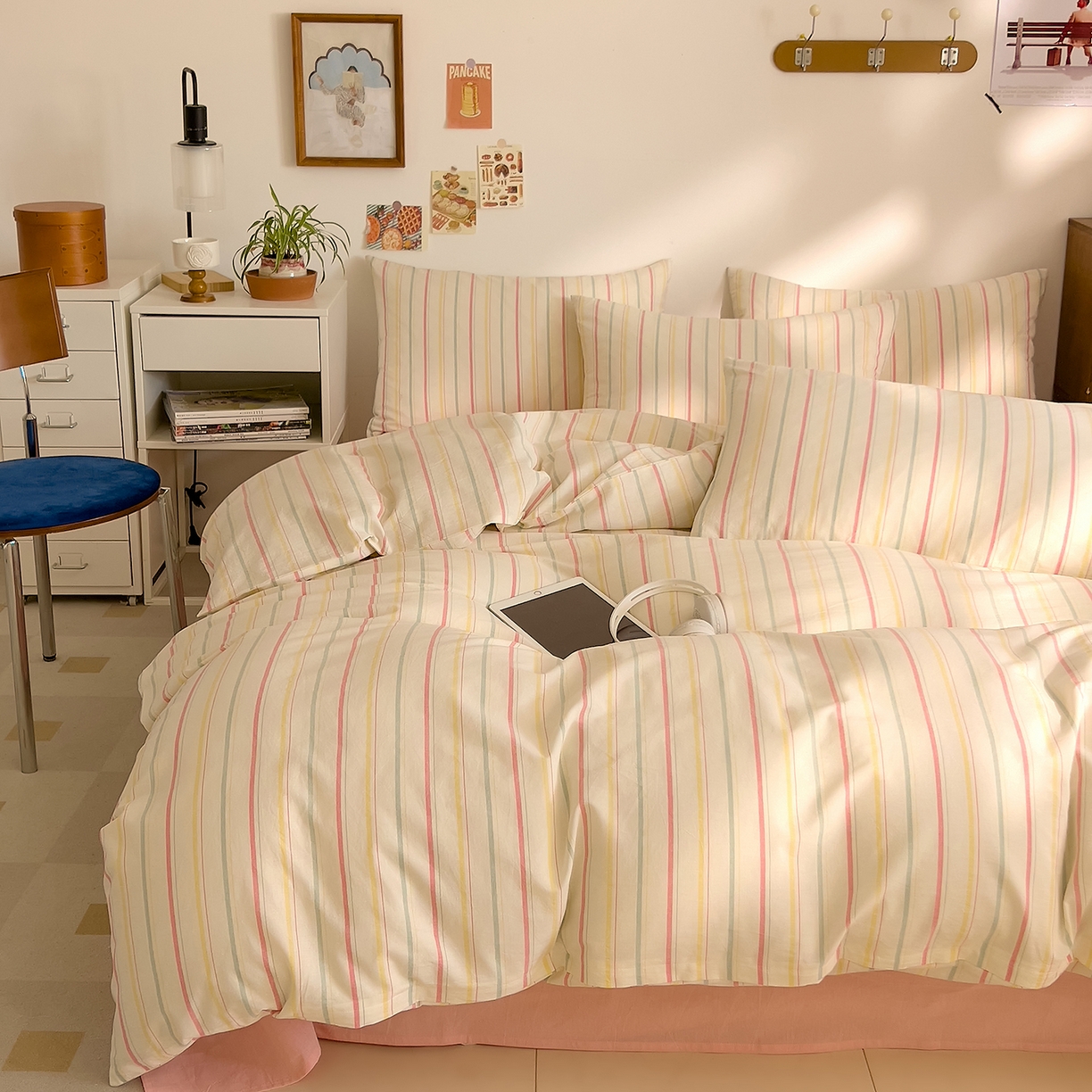 91家纺网 家纺一手货源 找家纺 DoDo 兜兜 2026新款全棉纯棉A类条格水洗棉四件套-可定做尺寸 且乐-粉