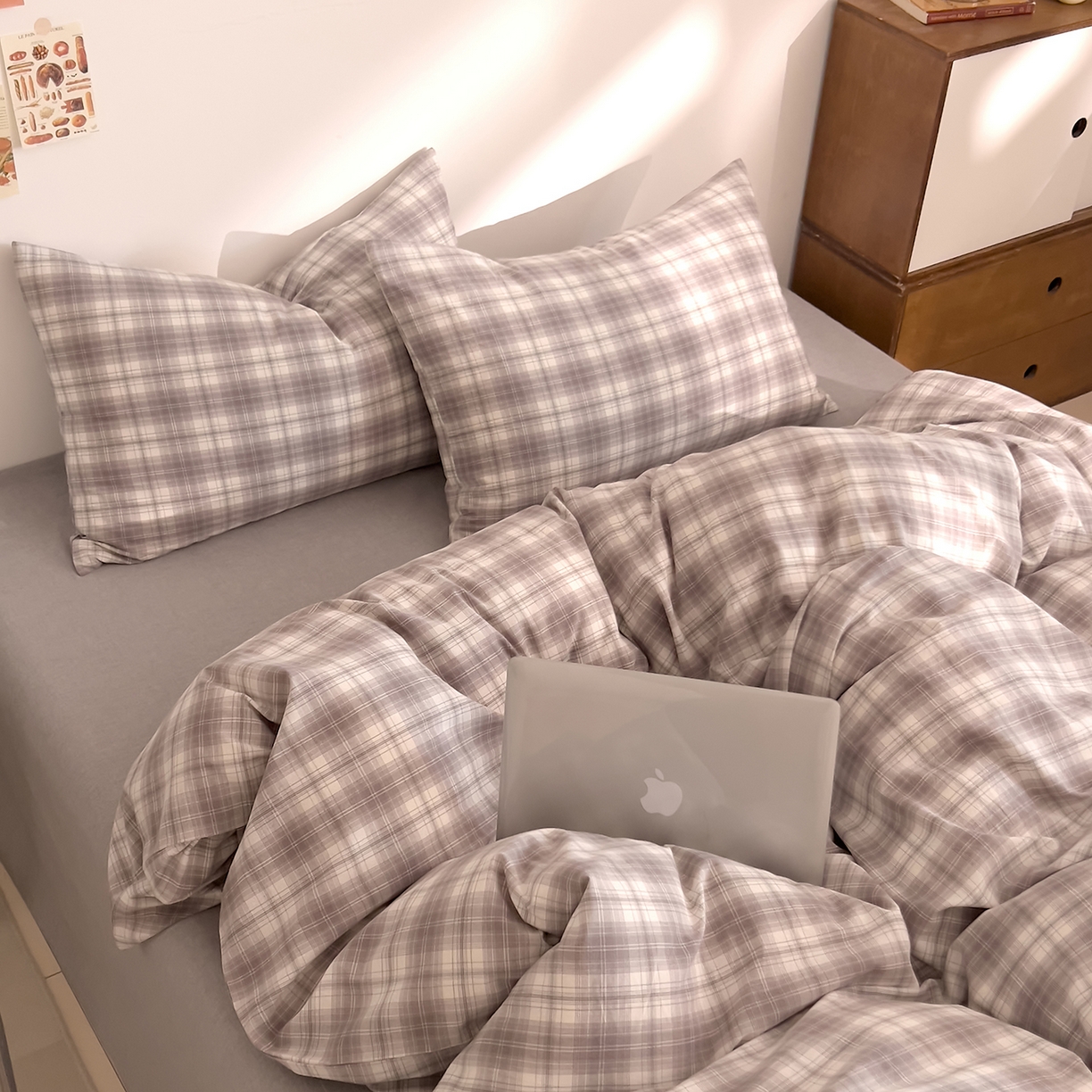 DoDo 兜兜 2026新款全棉纯棉A类条格水洗棉四件套-可定做尺寸 可可奈-烟灰