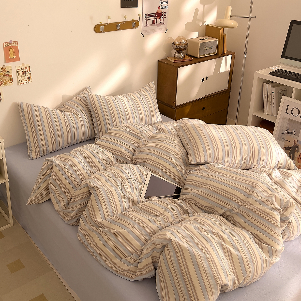 91家纺网 家纺一手货源 找家纺 DoDo 兜兜 2026新款全棉纯棉A类条格水洗棉四件套-可定做尺寸 左岸-蓝