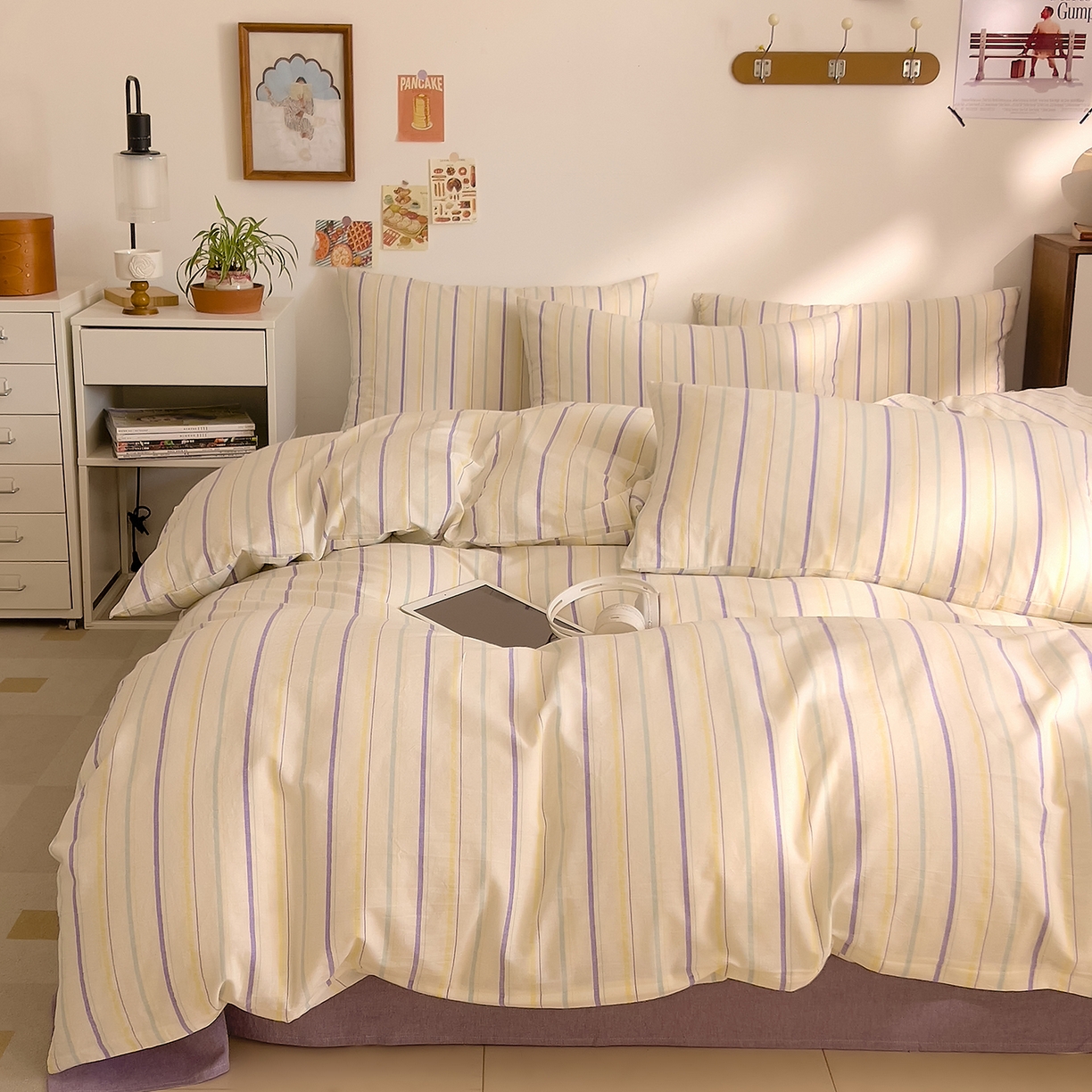 91家纺网 家纺一手货源 找家纺 DoDo 兜兜 2026新款全棉纯棉A类条格水洗棉四件套-可定做尺寸 且乐-紫