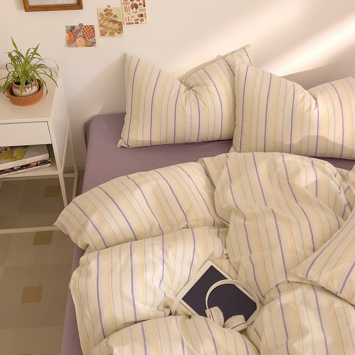 91家纺网 家纺一手货源 找家纺 DoDo 兜兜 2026新款全棉纯棉A类条格水洗棉四件套-可定做尺寸 且乐-紫