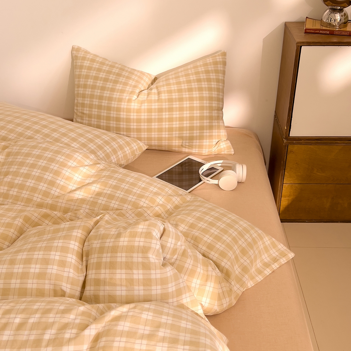 91家纺网 家纺一手货源 找家纺 DoDo 兜兜 2026新款全棉纯棉A类条格水洗棉四件套-可定做尺寸 半棠-卡其