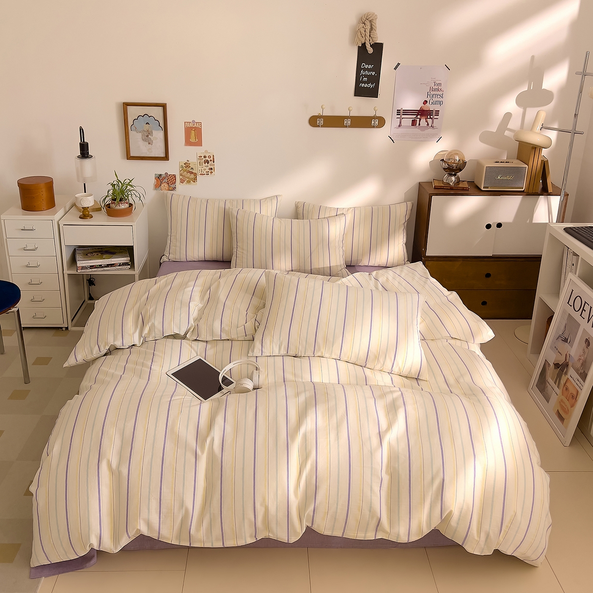 91家纺网 家纺一手货源 找家纺 DoDo 兜兜 2026新款全棉纯棉A类条格水洗棉四件套-可定做尺寸 且乐-紫