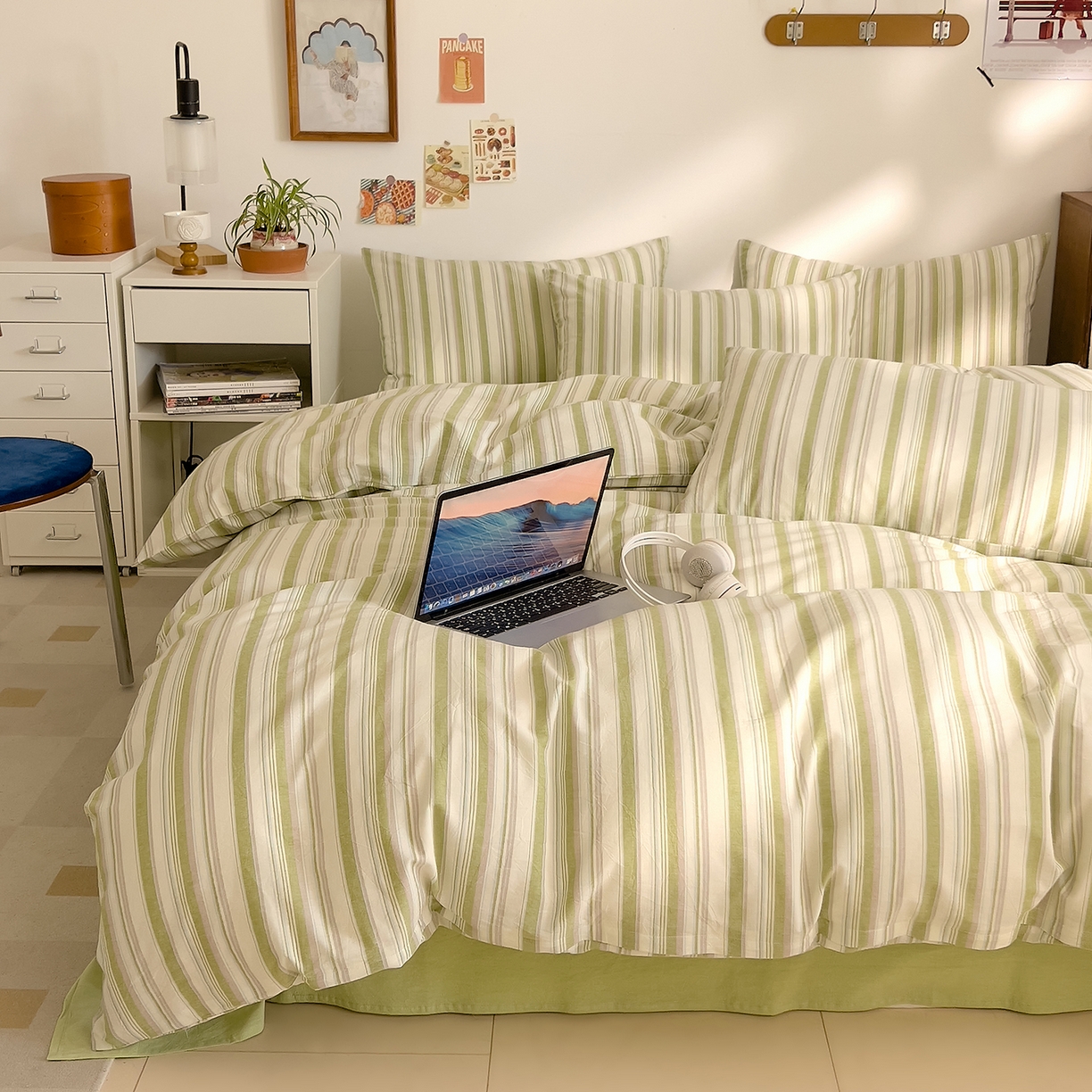 91家纺网 家纺一手货源 找家纺 DoDo 兜兜 2026新款全棉纯棉A类条格水洗棉四件套-可定做尺寸 左岸-绿